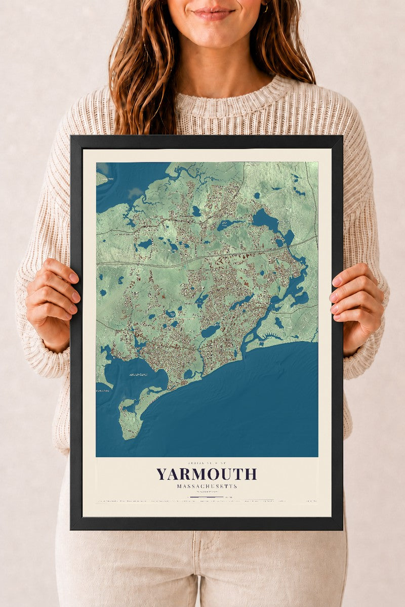 Yarmouth, Massachusetts map print - 12 x 18 black Ayous wood frame