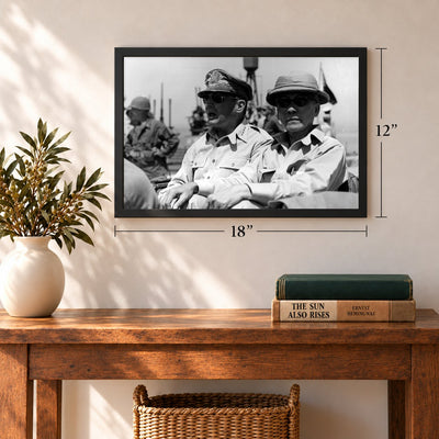 MacArthur and Osmeña Ride Into Tacloban, 1944, 12 x 18 inch vintage photo print in a black frame in an entryway
