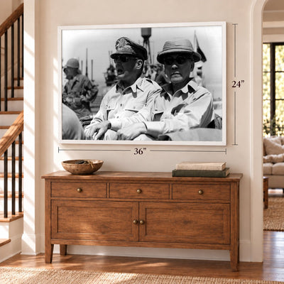 MacArthur and Osmeña Ride Into Tacloban, 1944, 24 x 36 inch vintage photo print in a white frame above a dresser by a staircase