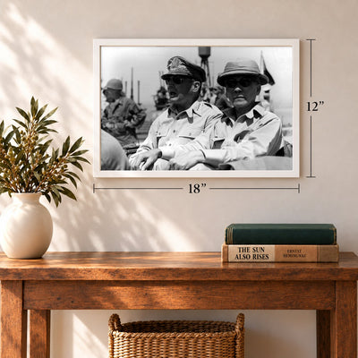 MacArthur and Osmeña Ride Into Tacloban, 1944, 12 x 18 inch vintage photo print in a white frame in an entryway