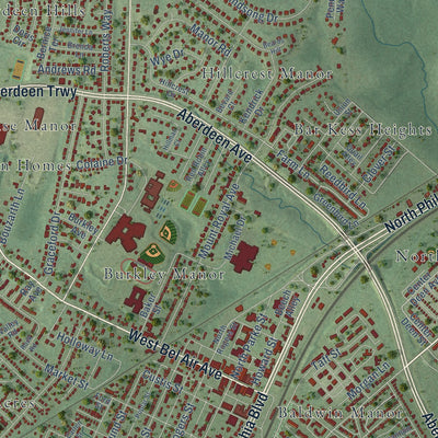 Close-up of the map of Aberdeen, Maryland print showing street and building detail