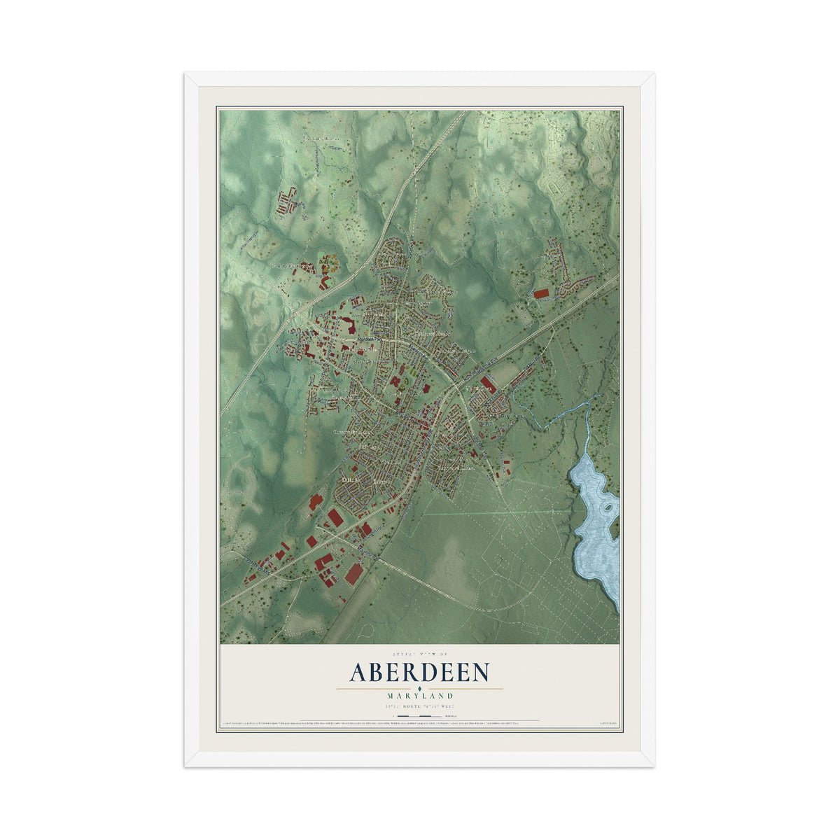 Map of Aberdeen, Maryland, 12 x 18 inch print in a white wood frame