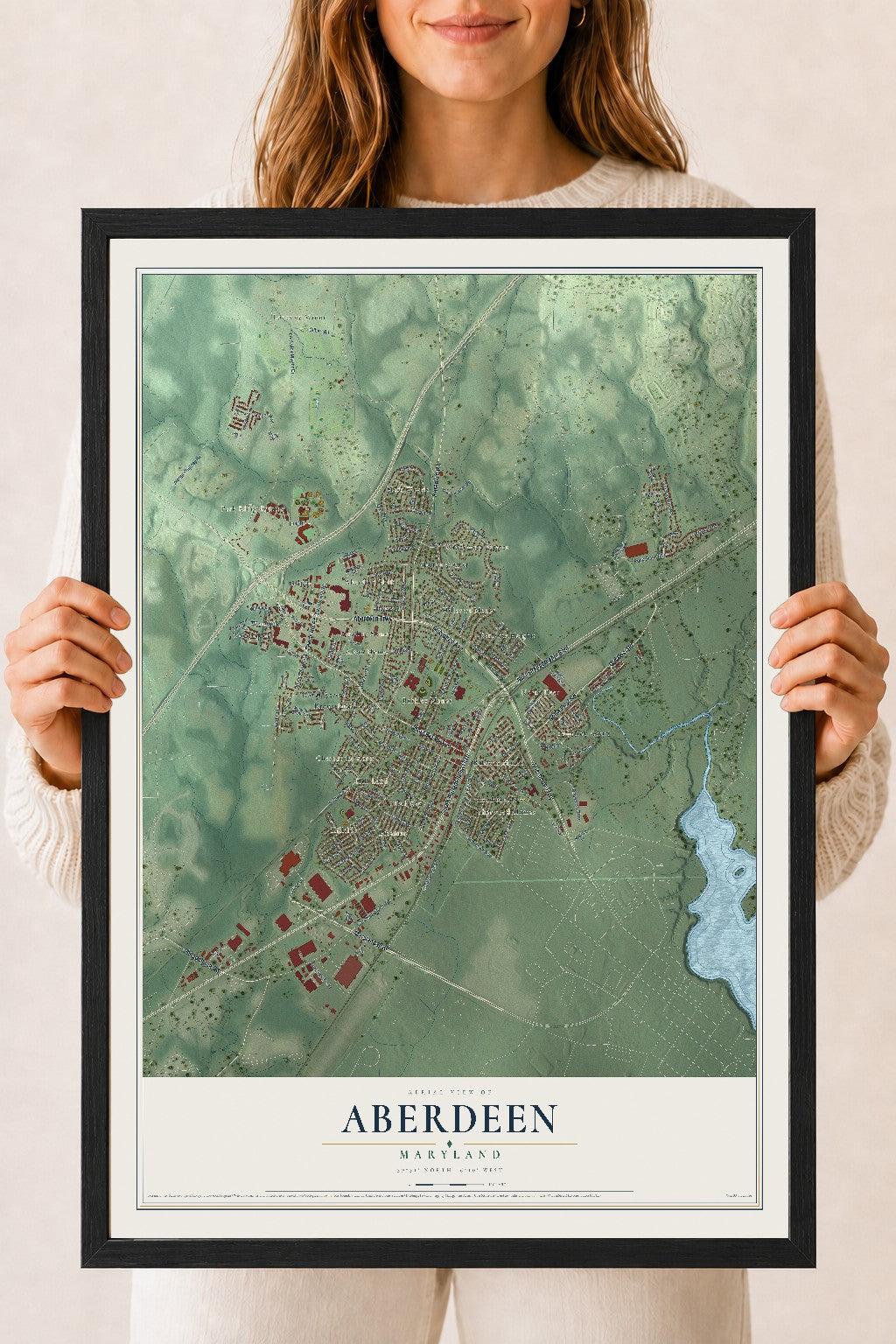 Map of Aberdeen, Maryland, 18 x 24 inch print in a black wood frame