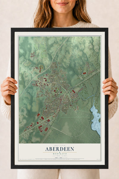 Map of Aberdeen, Maryland, 18 x 24 inch print in a black wood frame