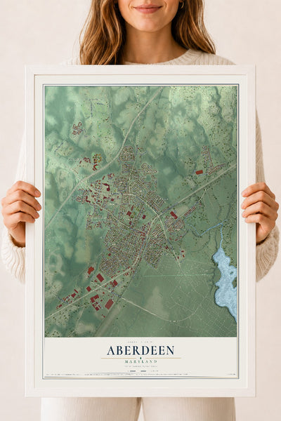 Map of Aberdeen, Maryland, 18 x 24 inch print in a white wood frame