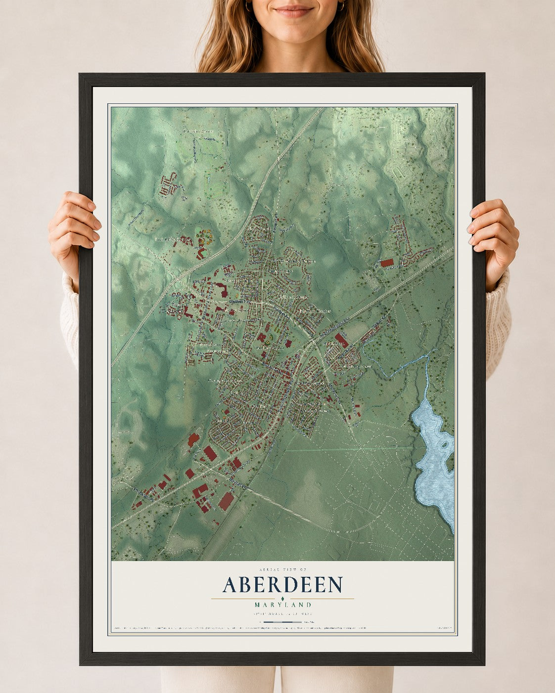 Map of Aberdeen, Maryland, 24 x 36 inch print in a black wood frame
