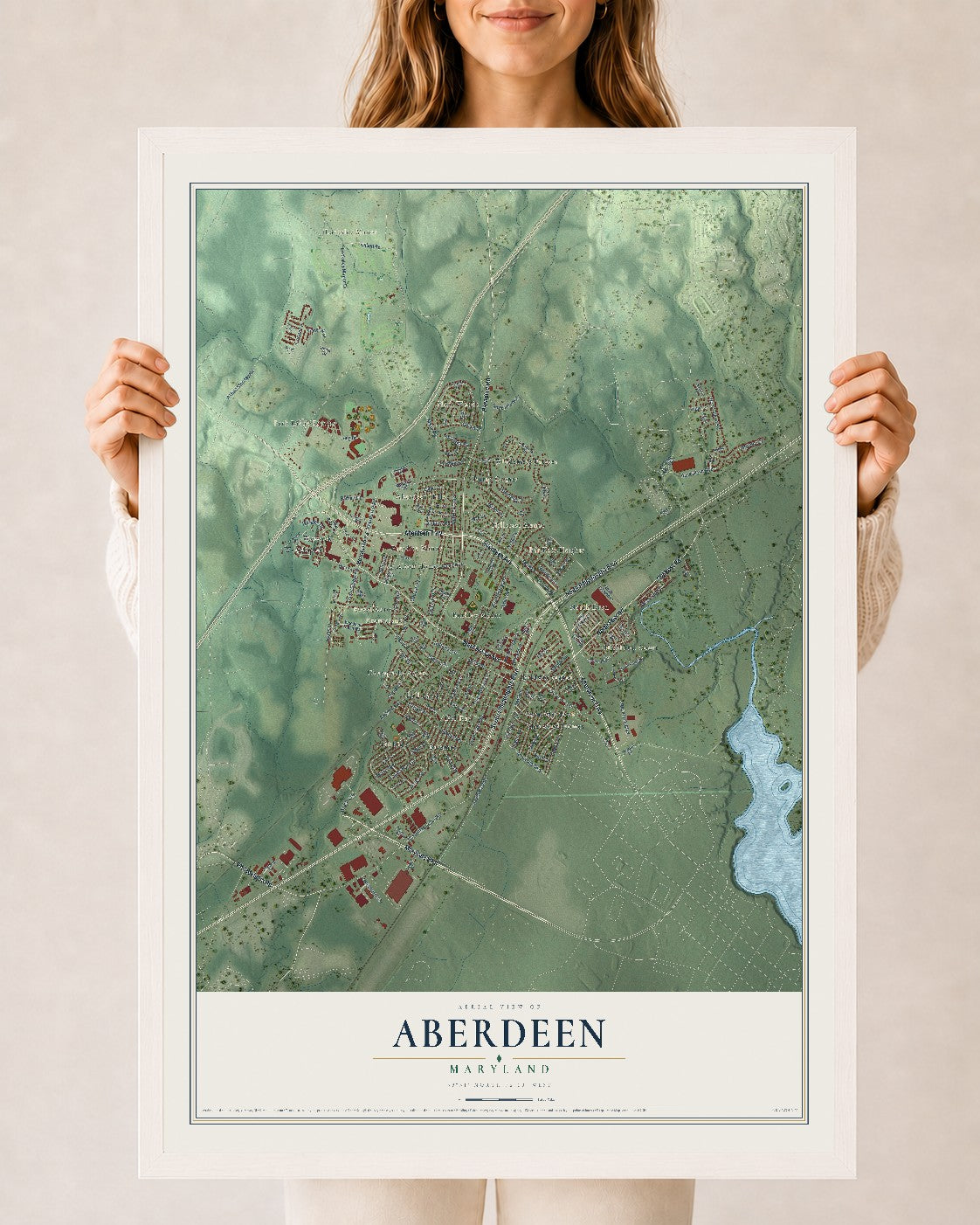 Map of Aberdeen, Maryland, 24 x 36 inch print in a white wood frame