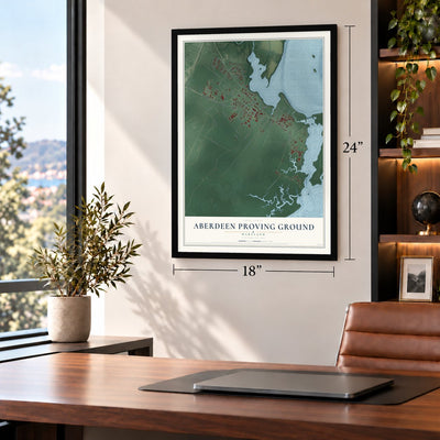 Aberdeen Proving Ground, Maryland map, 18 x 24 inch print in a black frame in a home office