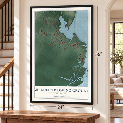 Aberdeen Proving Ground, Maryland map, 24 x 36 inch print in a black frame by a staircase