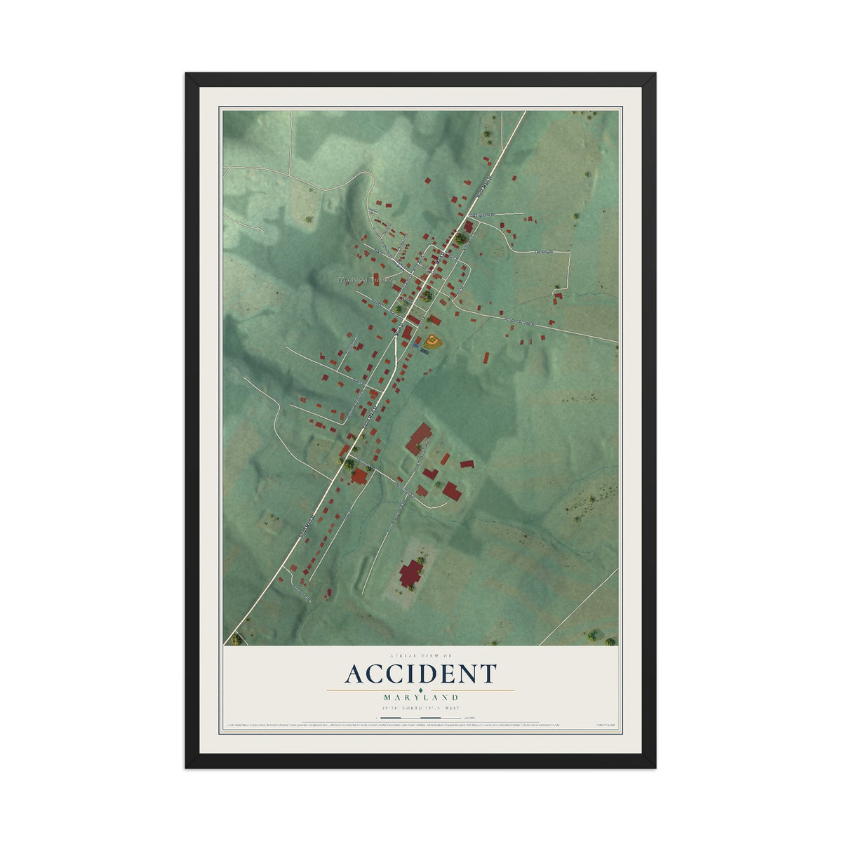 Map of Accident, Maryland, 12 x 18 inch print in a black wood frame