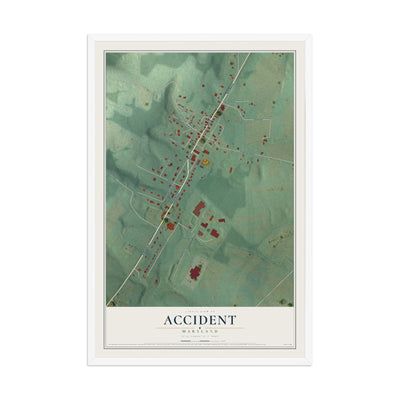 Map of Accident, Maryland, 12 x 18 inch print in a white wood frame