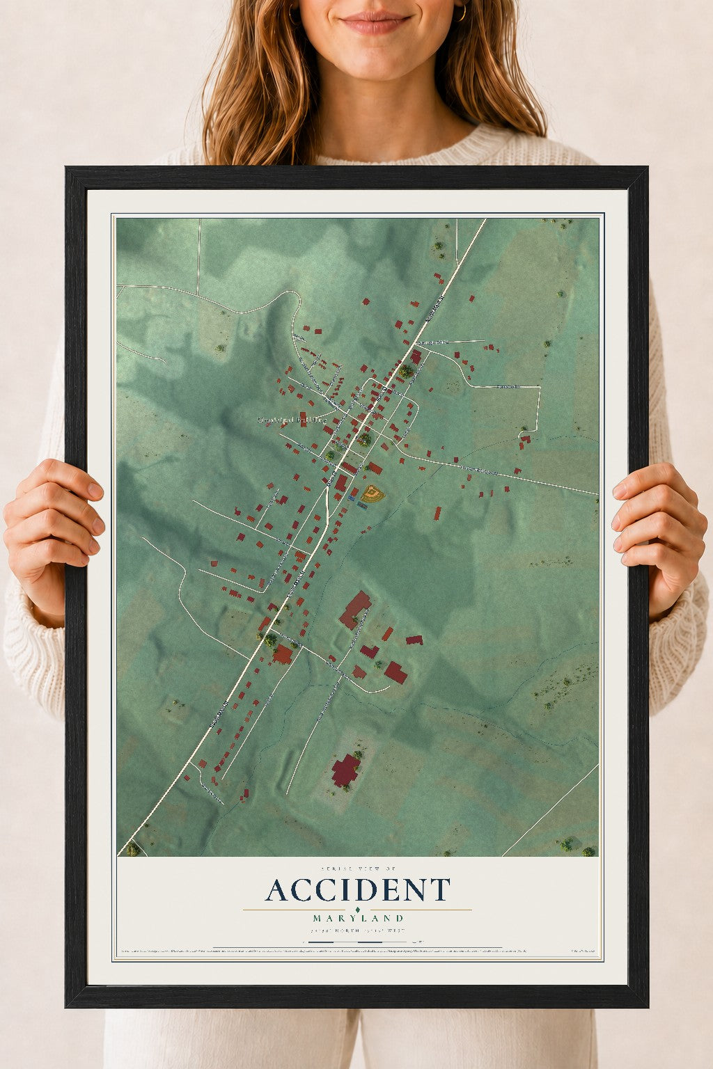 Map of Accident, Maryland, 18 x 24 inch print in a black wood frame
