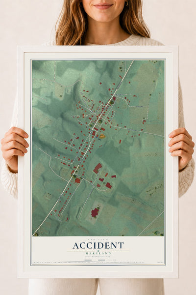 Map of Accident, Maryland, 18 x 24 inch print in a white wood frame