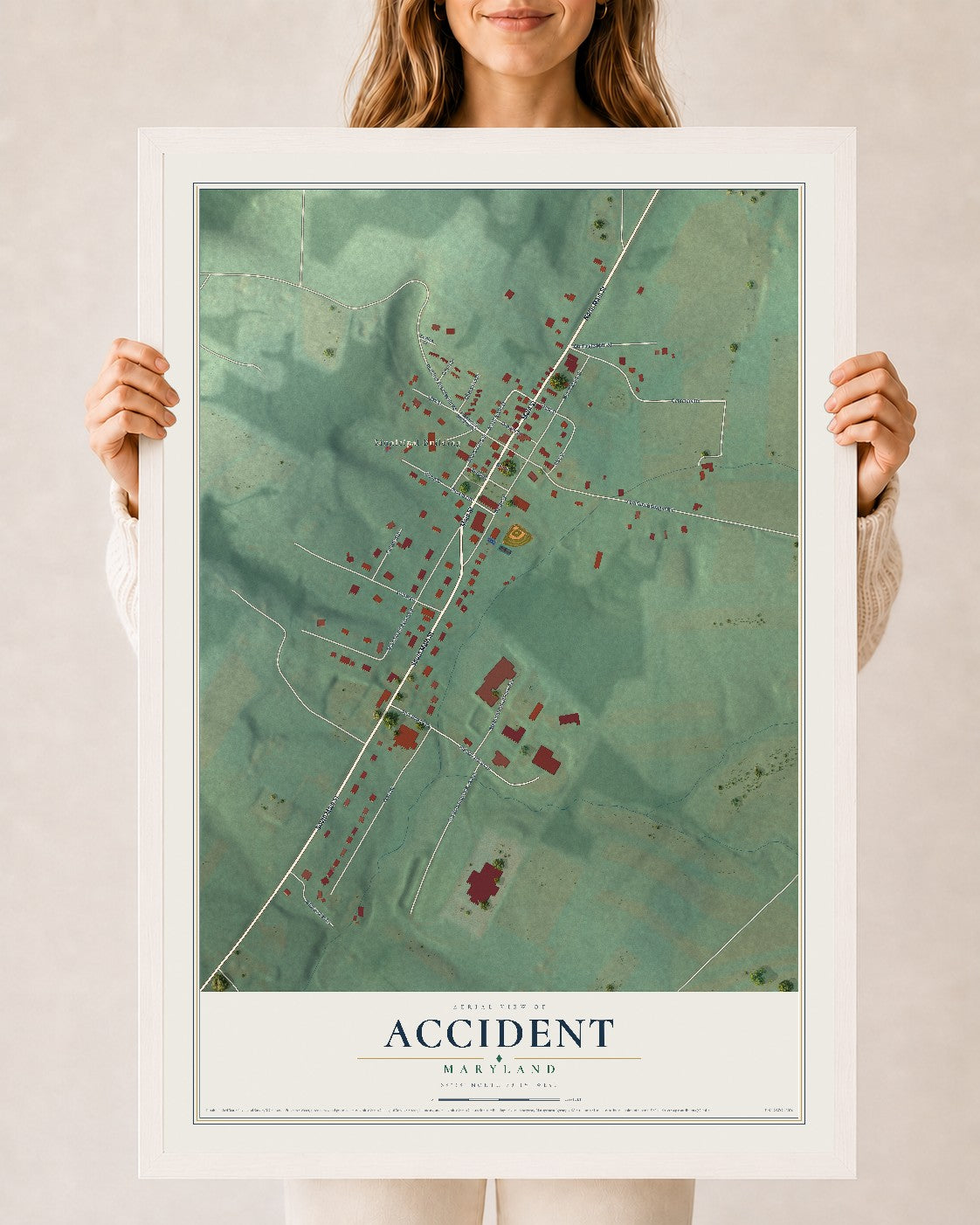Map of Accident, Maryland, 24 x 36 inch print in a white wood frame