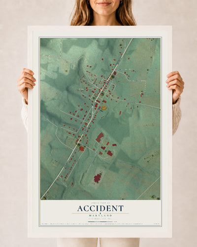 Map of Accident, Maryland, 24 x 36 inch print in a white wood frame
