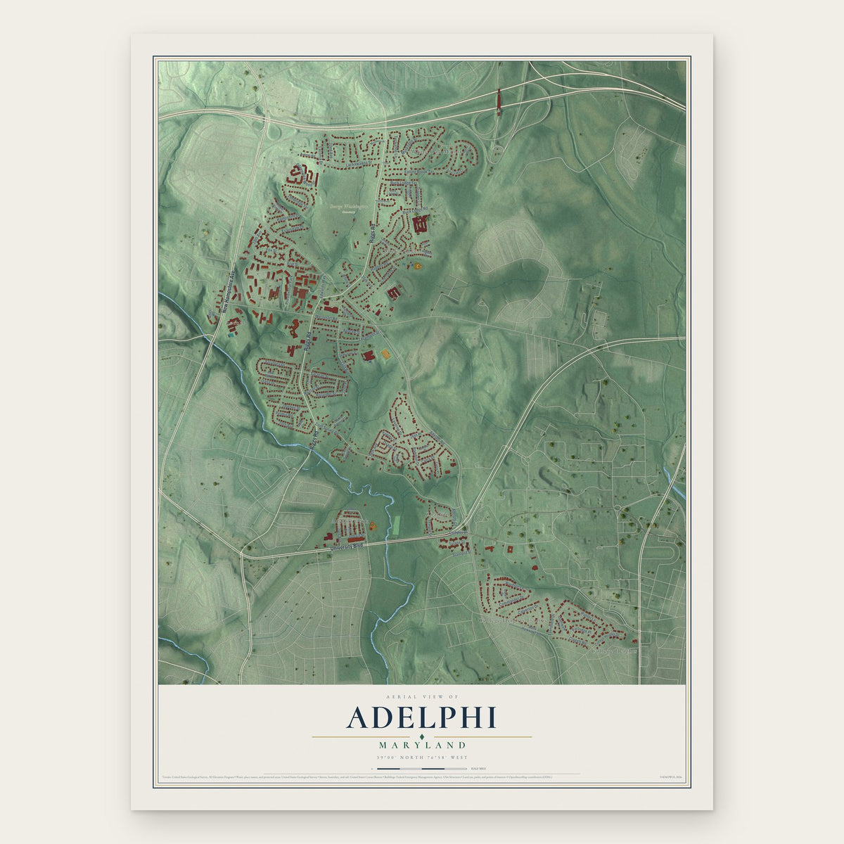 Adelphi, Maryland map print, the full design