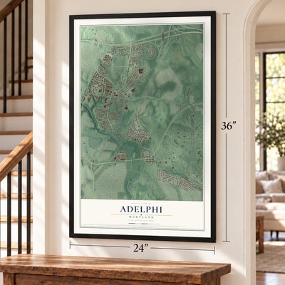 Adelphi, Maryland map, 24 x 36 inch print in a black frame by a staircase