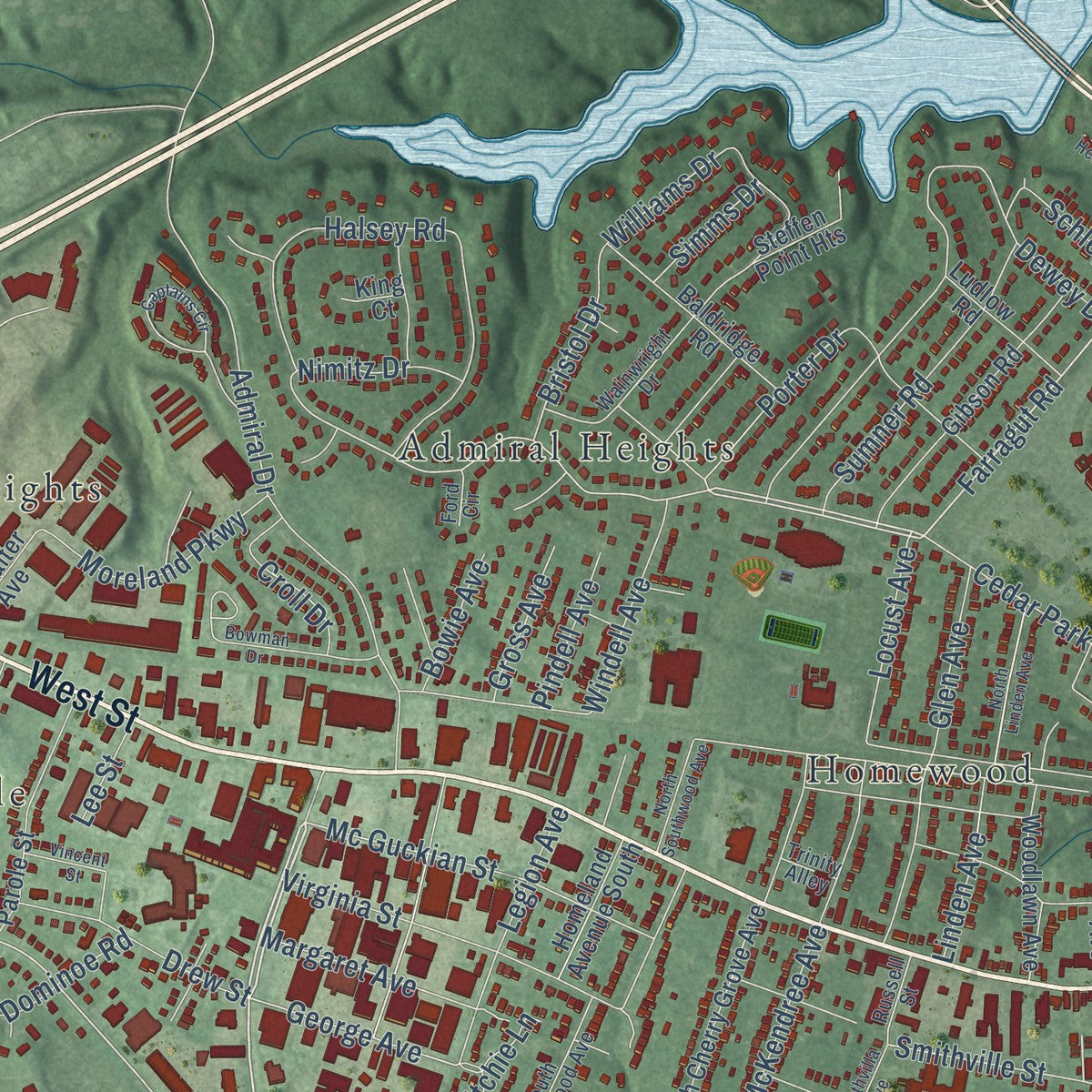 Second close-up of the map of Annapolis, Maryland print showing more streets and buildings