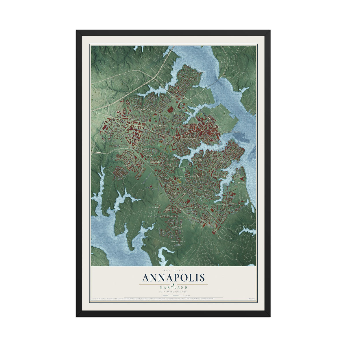 Map of Annapolis, Maryland, 12 x 18 inch print in a black wood frame