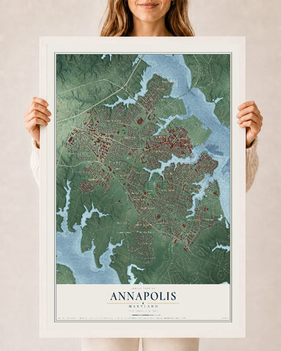 Map of Annapolis, Maryland, 24 x 36 inch print in a white wood frame