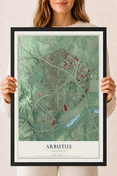 Map of Arbutus, Maryland, 18 x 24 inch print in a black wood frame
