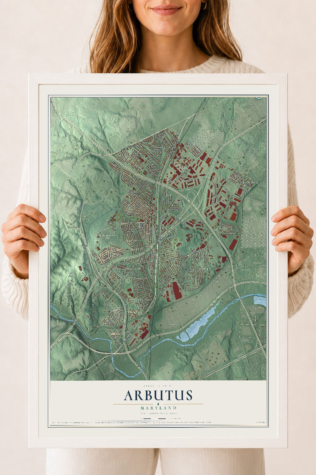 Map of Arbutus, Maryland, 18 x 24 inch print in a white wood frame