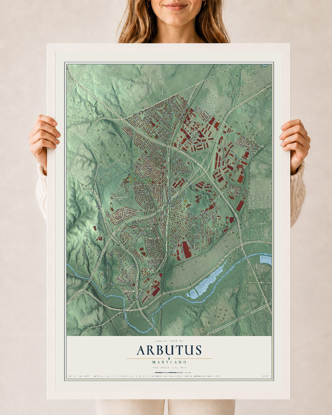 Map of Arbutus, Maryland, 24 x 36 inch print in a white wood frame