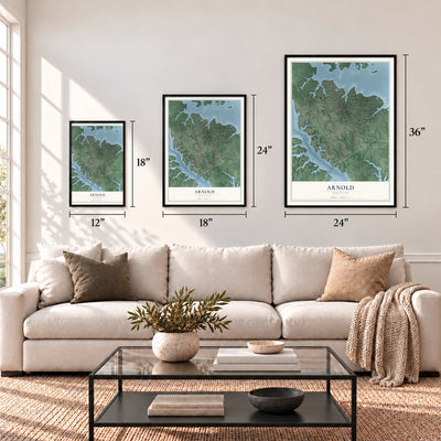 Arnold, Maryland map in 12 x 18, 18 x 24 and 24 x 36 inch sizes above a sofa