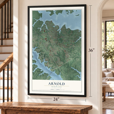 Arnold, Maryland map, 24 x 36 inch print in a black frame by a staircase