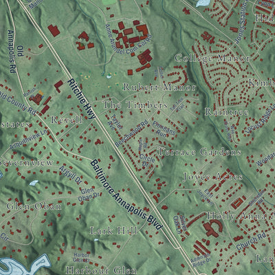 Close-up of the map of Arnold, Maryland print showing street and building detail