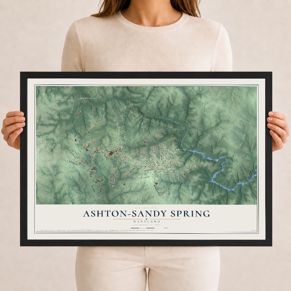 Map of Ashton-Sandy Spring, Maryland, 12 x 18 inch print in a black wood frame