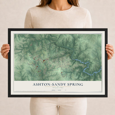Map of Ashton-Sandy Spring, Maryland, 12 x 18 inch print in a black wood frame