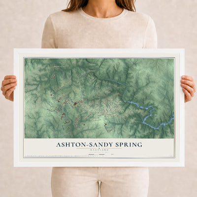 Map of Ashton-Sandy Spring, Maryland, 12 x 18 inch print in a white wood frame
