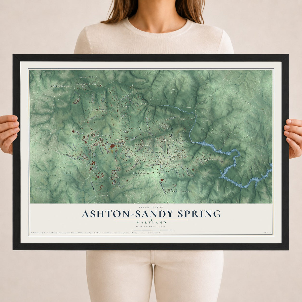 Map of Ashton-Sandy Spring, Maryland, 18 x 24 inch print in a black wood frame