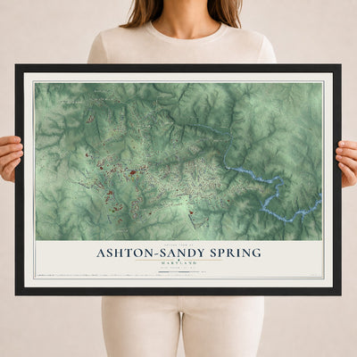 Map of Ashton-Sandy Spring, Maryland, 18 x 24 inch print in a black wood frame