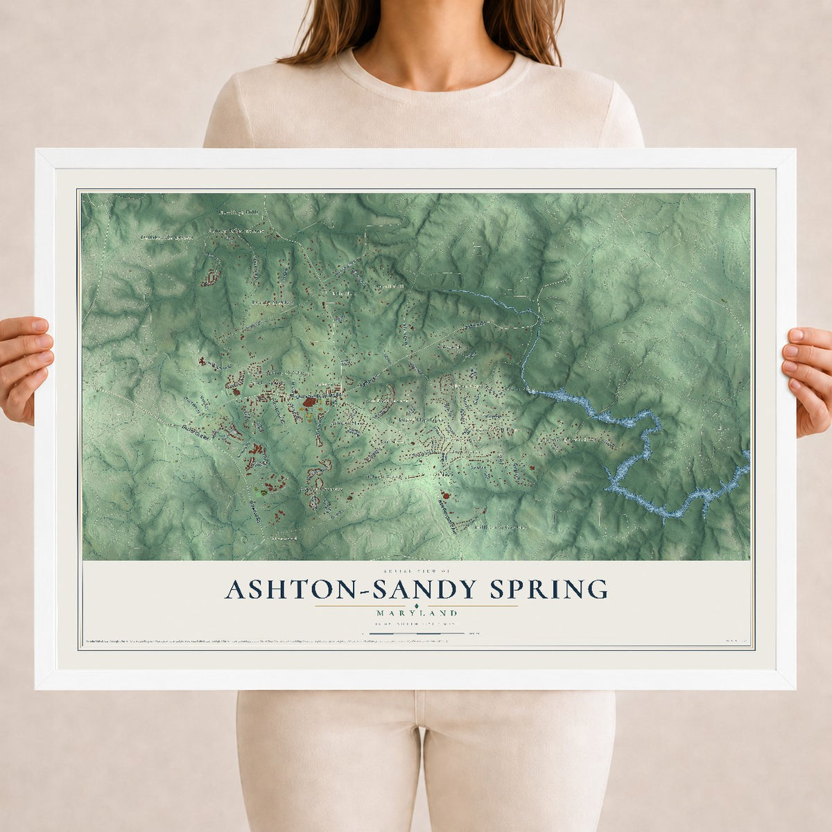 Map of Ashton-Sandy Spring, Maryland, 18 x 24 inch print in a white wood frame