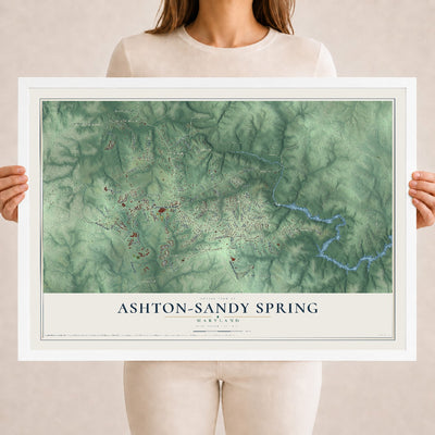 Map of Ashton-Sandy Spring, Maryland, 18 x 24 inch print in a white wood frame