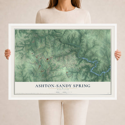 Map of Ashton-Sandy Spring, Maryland, 24 x 36 inch print in a white wood frame