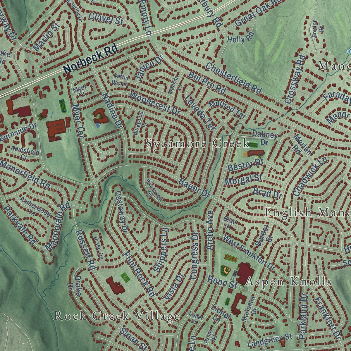 Close-up of the map of Aspen Hill, Maryland print showing street and building detail