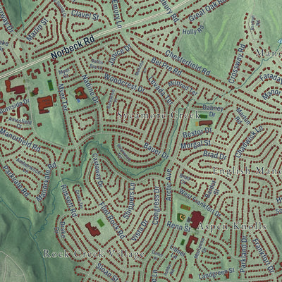 Close-up of the map of Aspen Hill, Maryland print showing street and building detail