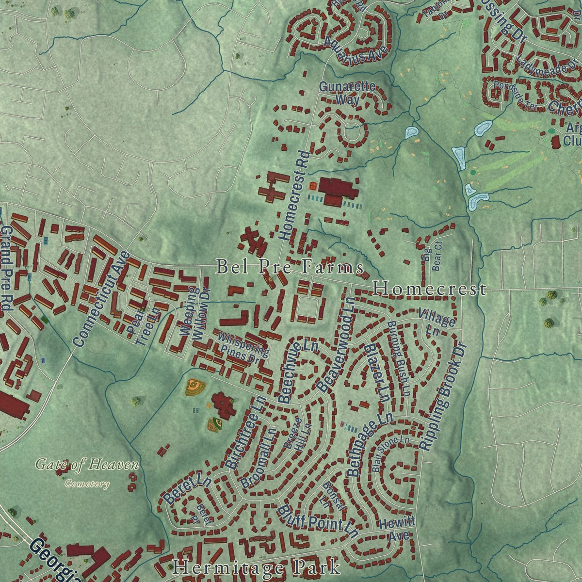 Second close-up of the map of Aspen Hill, Maryland print showing more streets and buildings
