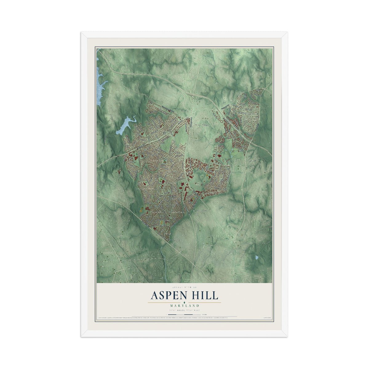 Map of Aspen Hill, Maryland, 12 x 18 inch print in a white wood frame