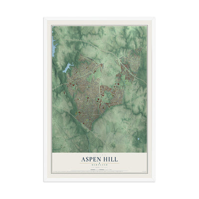 Map of Aspen Hill, Maryland, 12 x 18 inch print in a white wood frame