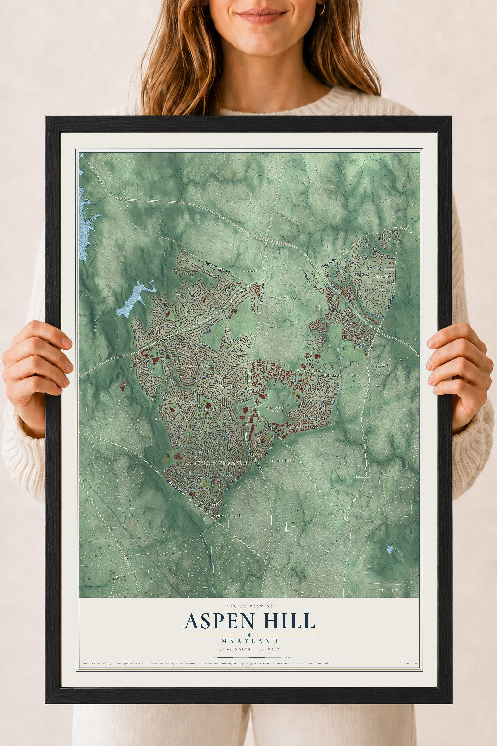 Map of Aspen Hill, Maryland, 18 x 24 inch print in a black wood frame