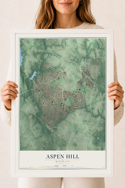 Map of Aspen Hill, Maryland, 18 x 24 inch print in a white wood frame