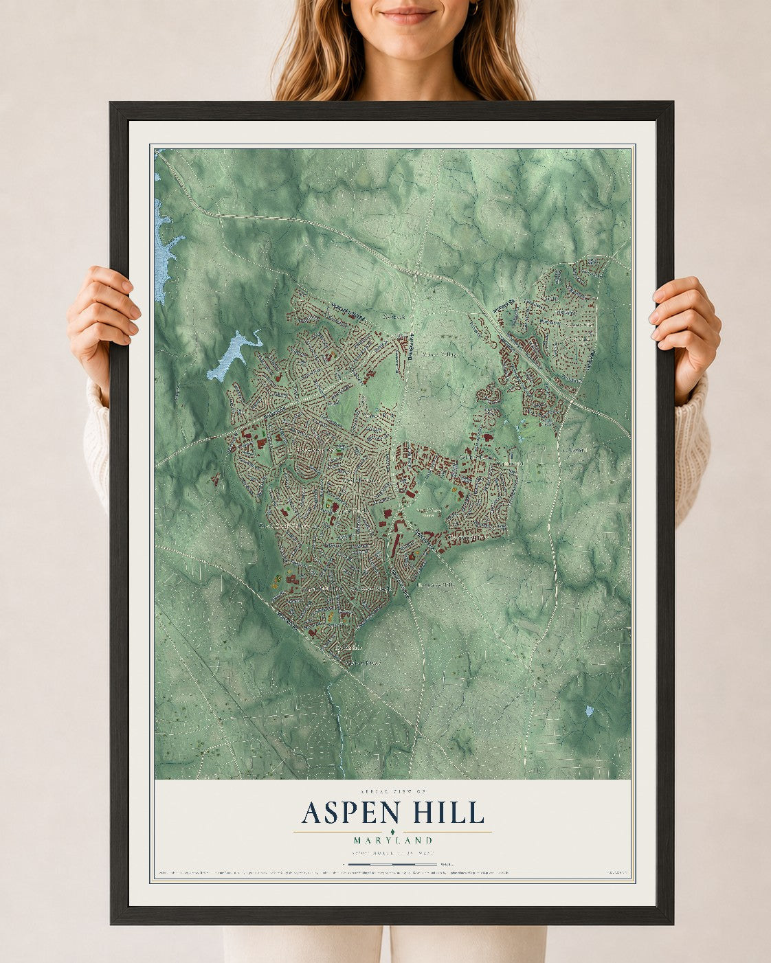 Map of Aspen Hill, Maryland, 24 x 36 inch print in a black wood frame