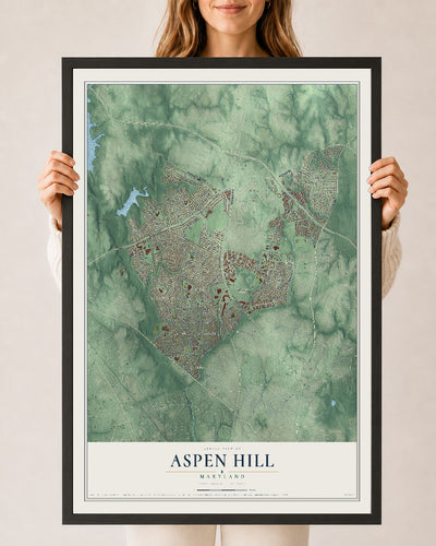 Map of Aspen Hill, Maryland, 24 x 36 inch print in a black wood frame