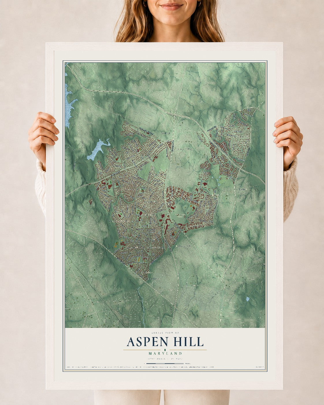 Map of Aspen Hill, Maryland, 24 x 36 inch print in a white wood frame