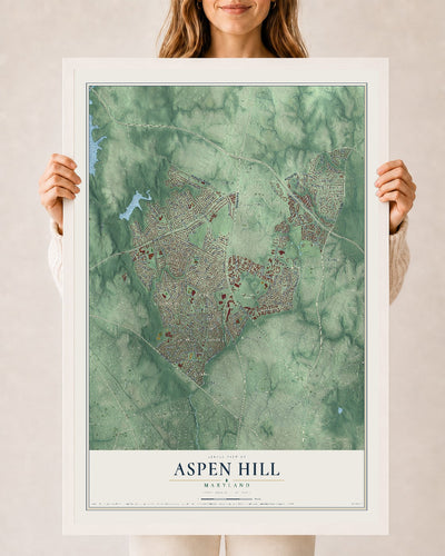 Map of Aspen Hill, Maryland, 24 x 36 inch print in a white wood frame