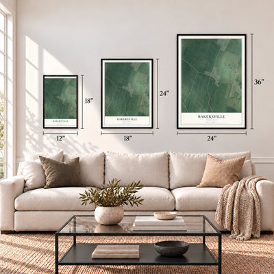 Bakersville, Maryland map in 12 x 18, 18 x 24 and 24 x 36 inch sizes above a sofa